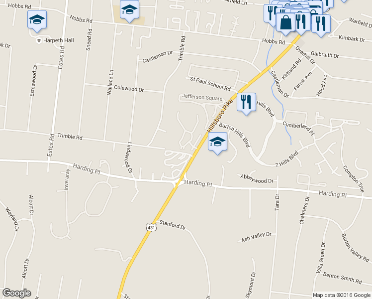 map of restaurants, bars, coffee shops, grocery stores, and more near 5045 Hillsboro Pike in Nashville