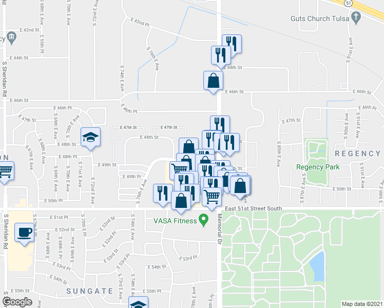 map of restaurants, bars, coffee shops, grocery stores, and more near 7646 East 49th Street in Tulsa