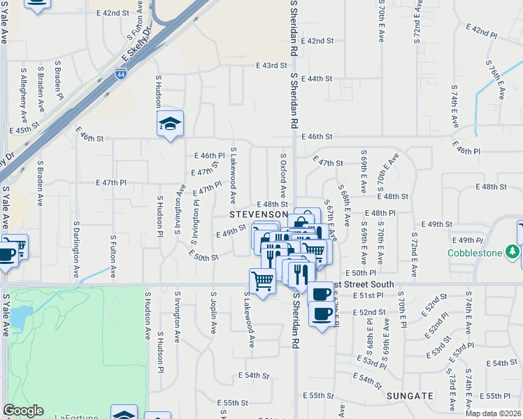 map of restaurants, bars, coffee shops, grocery stores, and more near 6207 East 49th Street in Tulsa