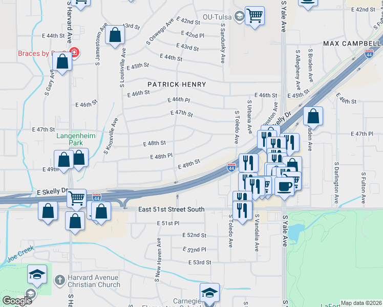 map of restaurants, bars, coffee shops, grocery stores, and more near 4148 East 49th Street in Tulsa
