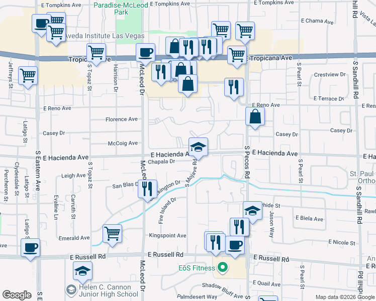 map of restaurants, bars, coffee shops, grocery stores, and more near 3198 Chapala Drive in Las Vegas