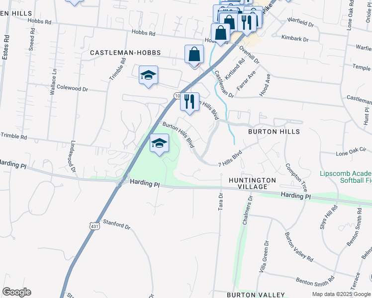 map of restaurants, bars, coffee shops, grocery stores, and more near 15 Burton Hills Boulevard in Nashville
