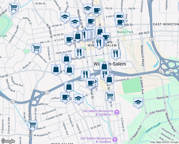 map of restaurants, bars, coffee shops, grocery stores, and more near 1770 Marshall Street Southwest in Winston-Salem