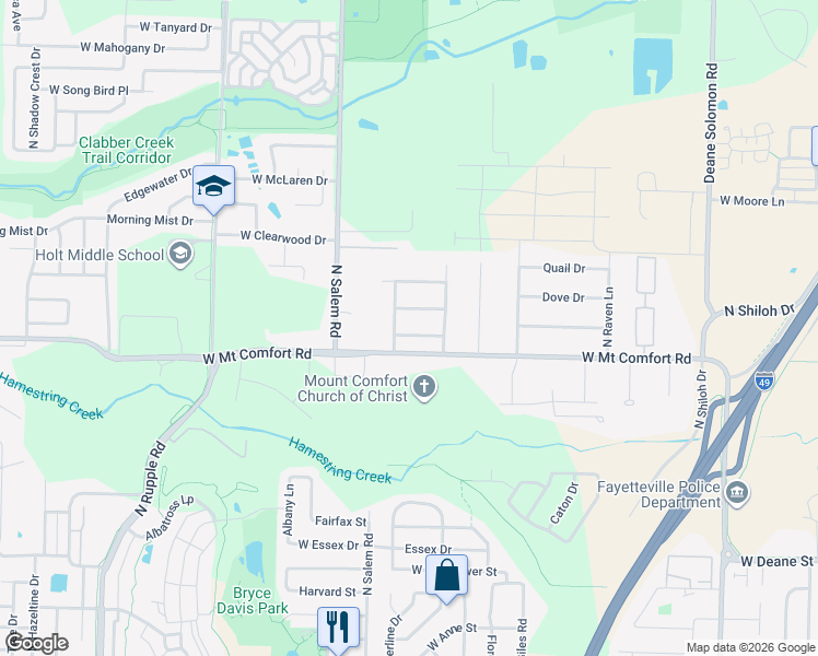map of restaurants, bars, coffee shops, grocery stores, and more near 3183 West Westbury Street in Fayetteville