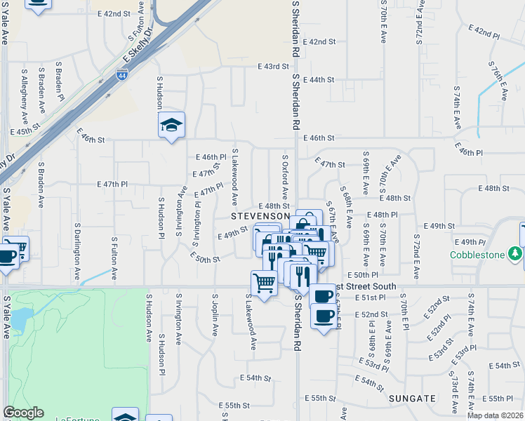 map of restaurants, bars, coffee shops, grocery stores, and more near 6207 East 49th Street in Tulsa