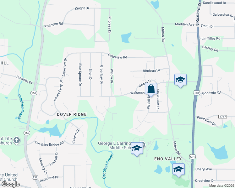 map of restaurants, bars, coffee shops, grocery stores, and more near 525 Walsenburg Drive in Durham