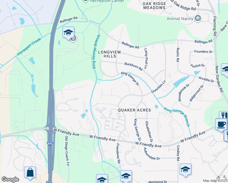 map of restaurants, bars, coffee shops, grocery stores, and more near 5501 Ashmont Drive in Greensboro