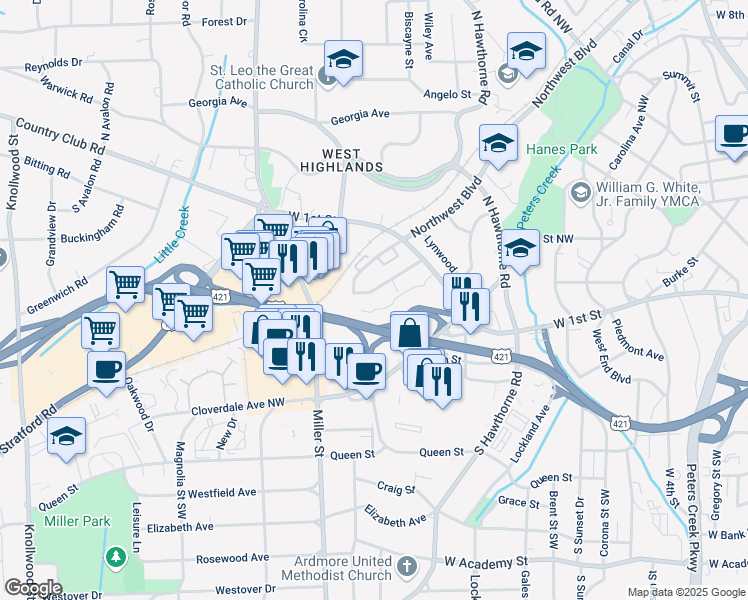 map of restaurants, bars, coffee shops, grocery stores, and more near 191 Edgeway Drive in Winston-Salem
