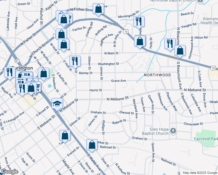 map of restaurants, bars, coffee shops, grocery stores, and more near 914 Harris Street in Burlington