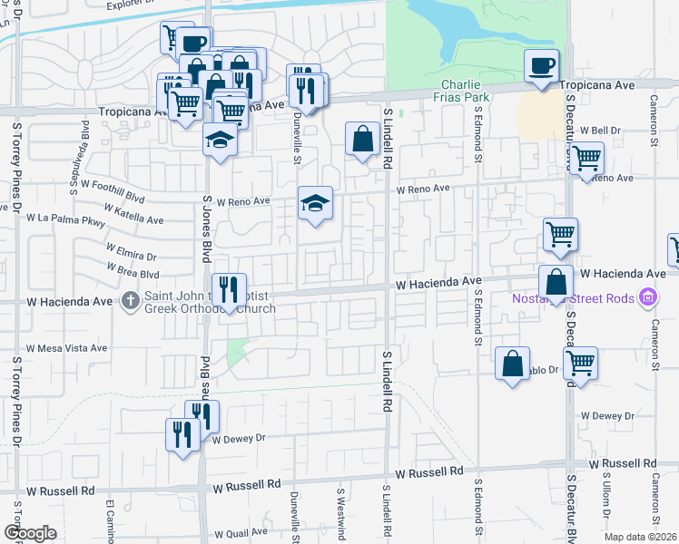 map of restaurants, bars, coffee shops, grocery stores, and more near 5707 West Hacienda Avenue in Las Vegas