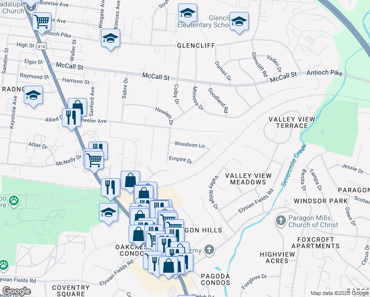 map of restaurants, bars, coffee shops, grocery stores, and more near 182 Empire Drive in Nashville