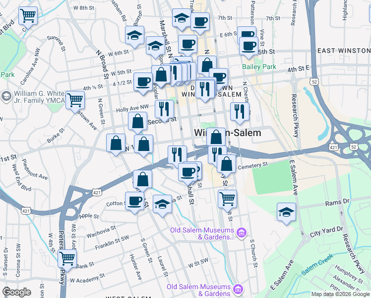map of restaurants, bars, coffee shops, grocery stores, and more near 1770 Marshall Street Southwest in Winston-Salem