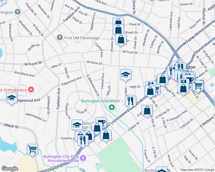 map of restaurants, bars, coffee shops, grocery stores, and more near 554 Isley Place in Burlington