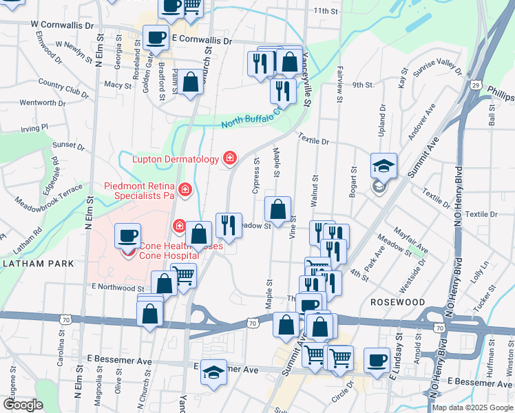 map of restaurants, bars, coffee shops, grocery stores, and more near 1303 Maple Street in Greensboro