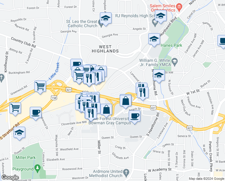 map of restaurants, bars, coffee shops, grocery stores, and more near 1970 Hinshaw Avenue Southwest in Winston-Salem