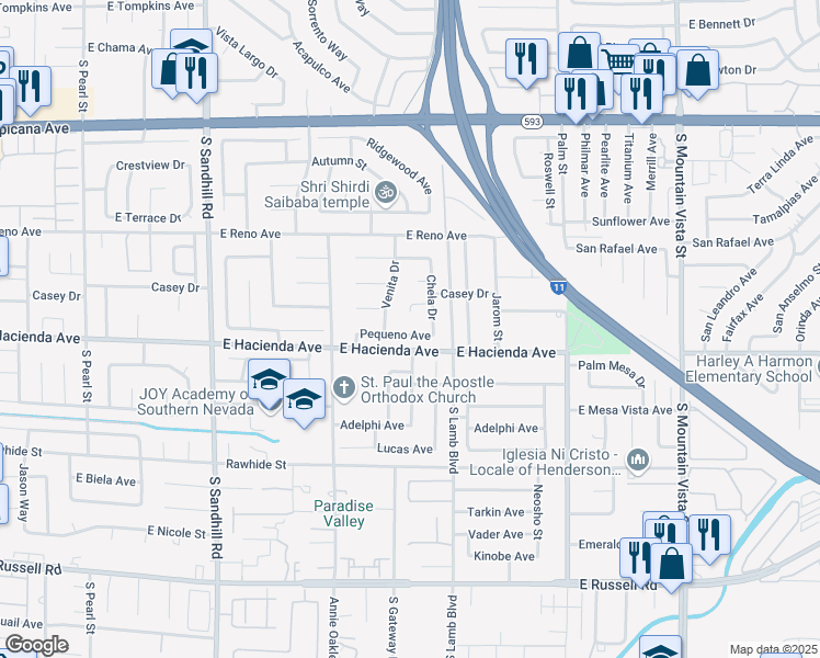 map of restaurants, bars, coffee shops, grocery stores, and more near 4134 Pequeno Avenue in Las Vegas