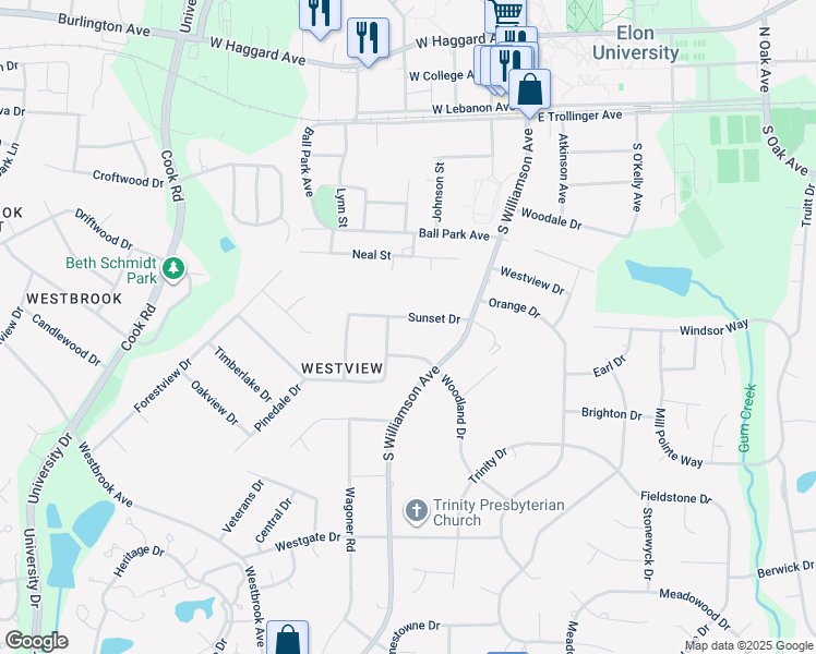 map of restaurants, bars, coffee shops, grocery stores, and more near 113 Sunset Drive in Elon