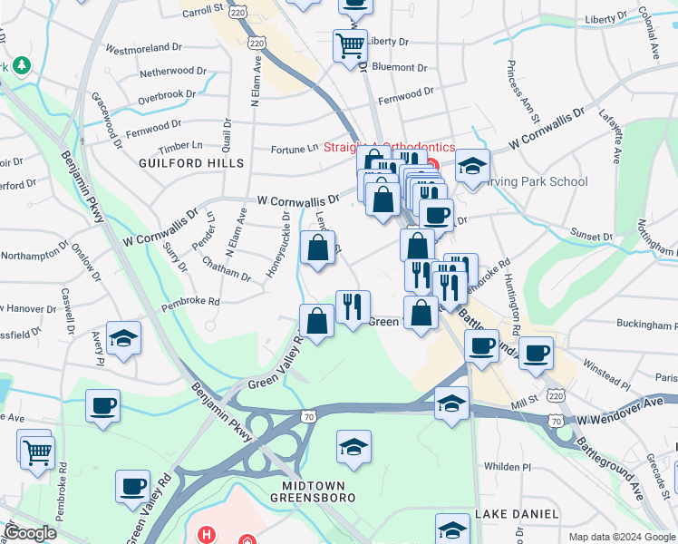 map of restaurants, bars, coffee shops, grocery stores, and more near 1901 Lendew Street in Greensboro