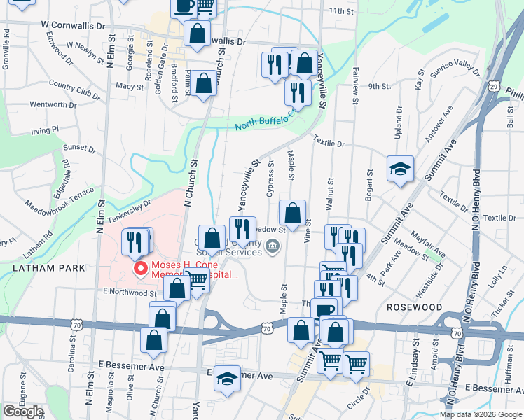 map of restaurants, bars, coffee shops, grocery stores, and more near 604 Meadow Street in Greensboro