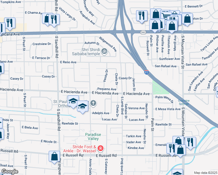 map of restaurants, bars, coffee shops, grocery stores, and more near 4124 Pequeno Avenue in Las Vegas