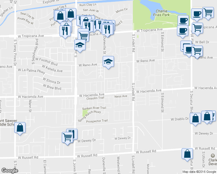 map of restaurants, bars, coffee shops, grocery stores, and more near 5707 West Hacienda Avenue in Las Vegas