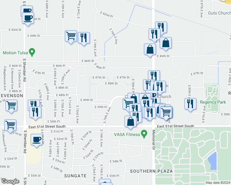 map of restaurants, bars, coffee shops, grocery stores, and more near 7611 East 49th Street in Tulsa