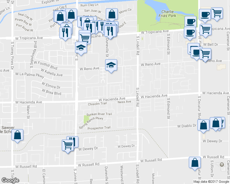 map of restaurants, bars, coffee shops, grocery stores, and more near 5707 West Hacienda Avenue in Las Vegas