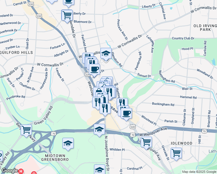 map of restaurants, bars, coffee shops, grocery stores, and more near 1804 Pembroke Road in Greensboro