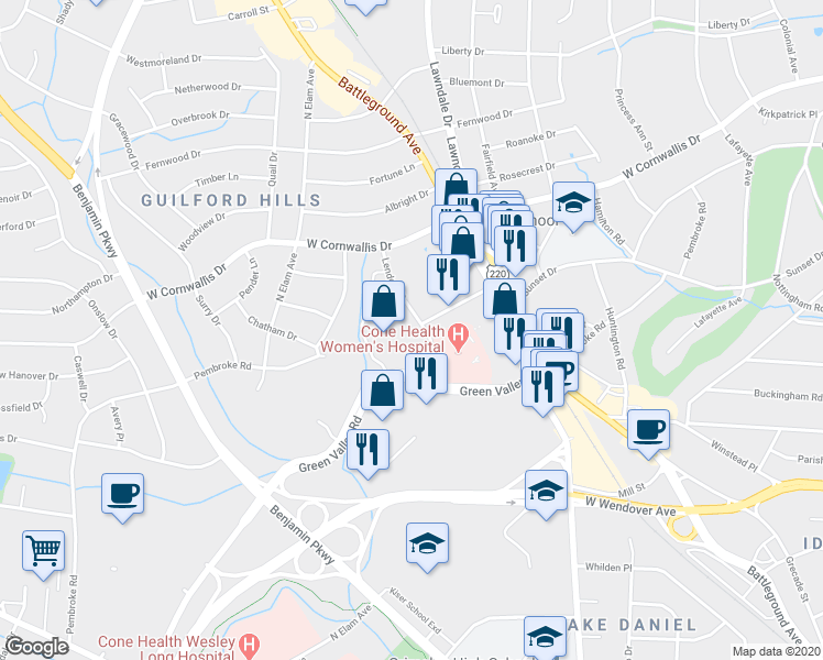 map of restaurants, bars, coffee shops, grocery stores, and more near 721 Green Valley Road in Greensboro