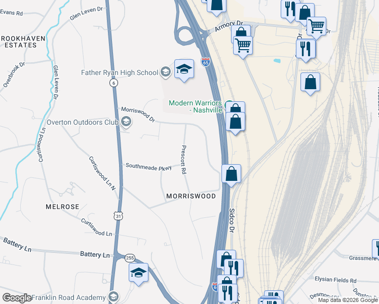 map of restaurants, bars, coffee shops, grocery stores, and more near 4330 Prescott Road in Nashville