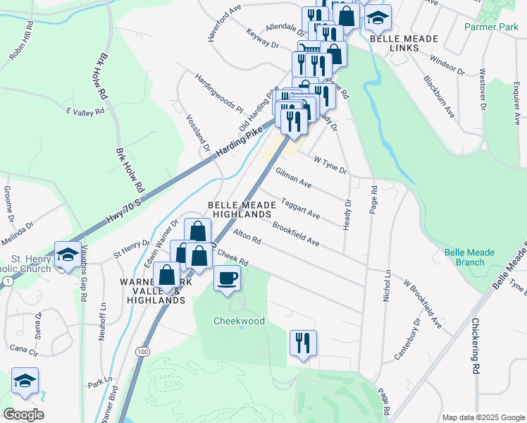 map of restaurants, bars, coffee shops, grocery stores, and more near 115B Brookfield Avenue in Nashville