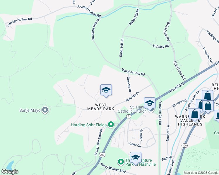 map of restaurants, bars, coffee shops, grocery stores, and more near 6611 Fox Hollow Road in Nashville