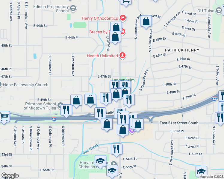 map of restaurants, bars, coffee shops, grocery stores, and more near 3167 East 49th Street in Tulsa