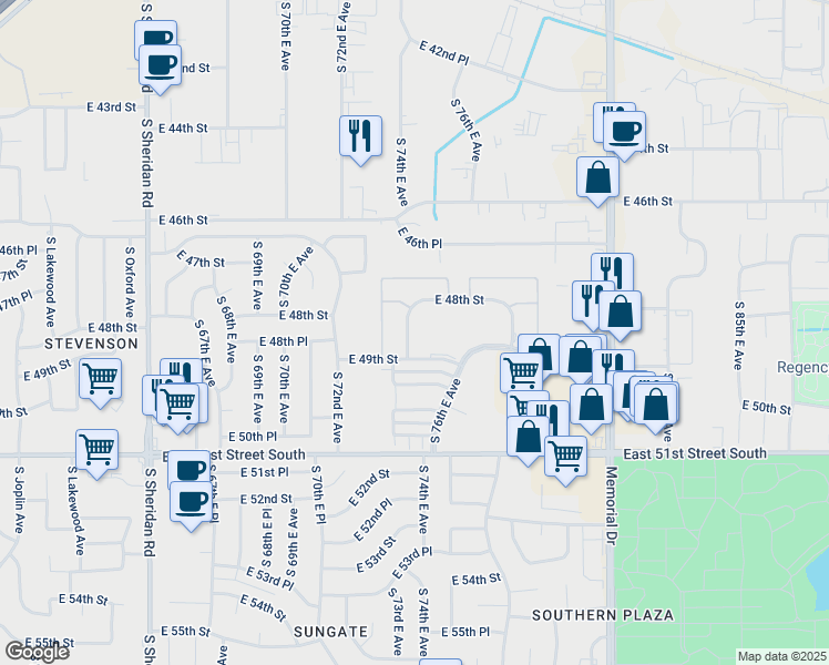 map of restaurants, bars, coffee shops, grocery stores, and more near 4821 South 74th East Avenue in Tulsa