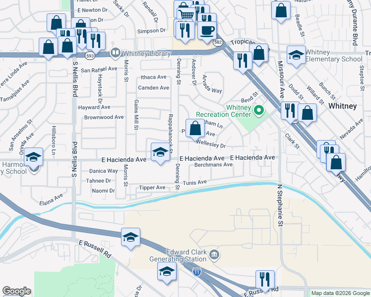 map of restaurants, bars, coffee shops, grocery stores, and more near 5245 New Bedford Circle in Las Vegas