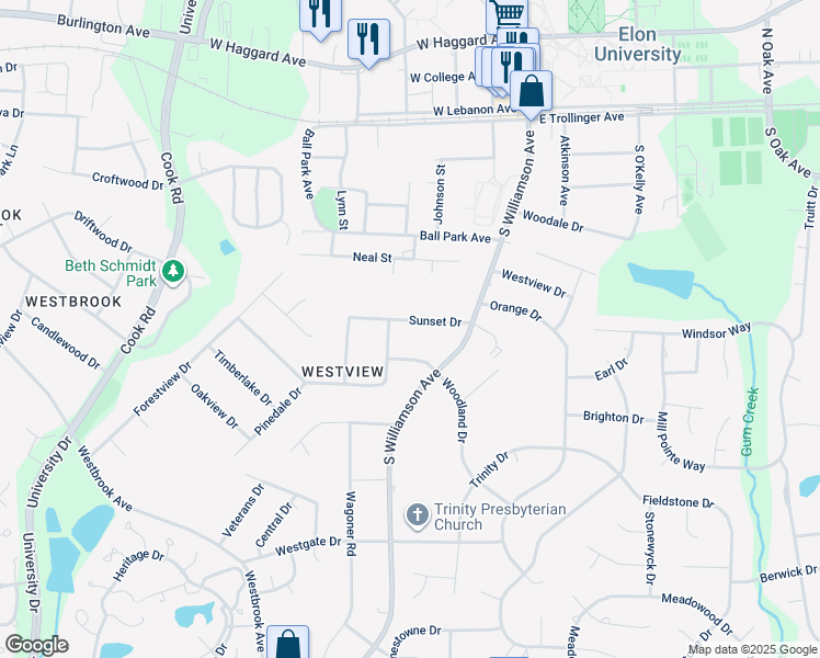 map of restaurants, bars, coffee shops, grocery stores, and more near 113 Sunset Drive in Elon