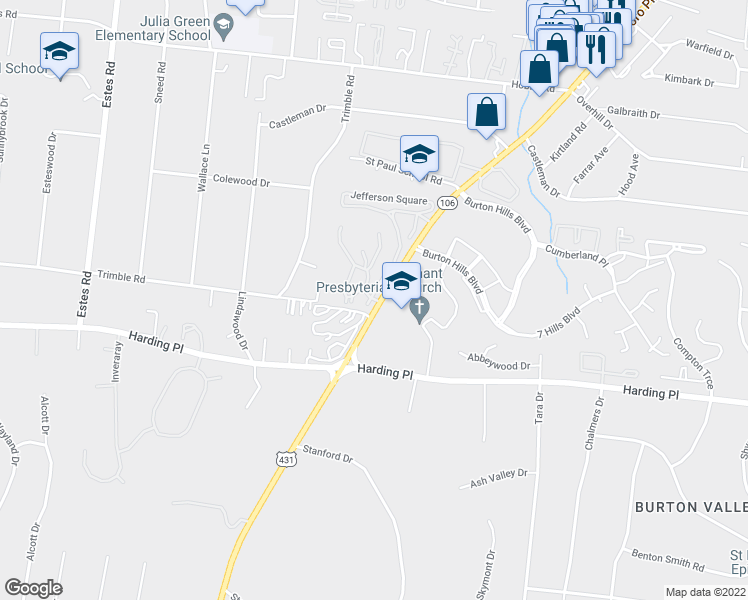 map of restaurants, bars, coffee shops, grocery stores, and more near 5045 Hillsboro Pike in Nashville
