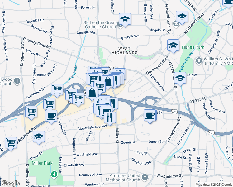 map of restaurants, bars, coffee shops, grocery stores, and more near 72 Miller Street in Winston-Salem