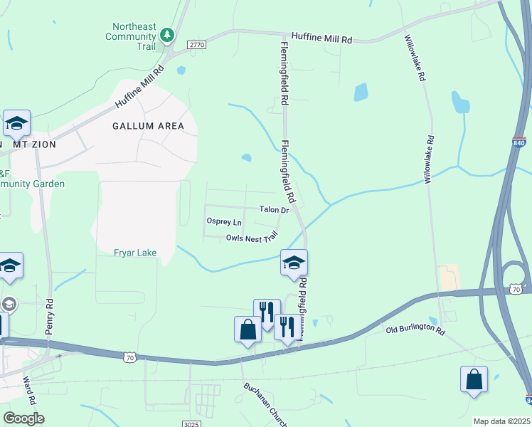 map of restaurants, bars, coffee shops, grocery stores, and more near 2312 Talon Drive in McLeansville