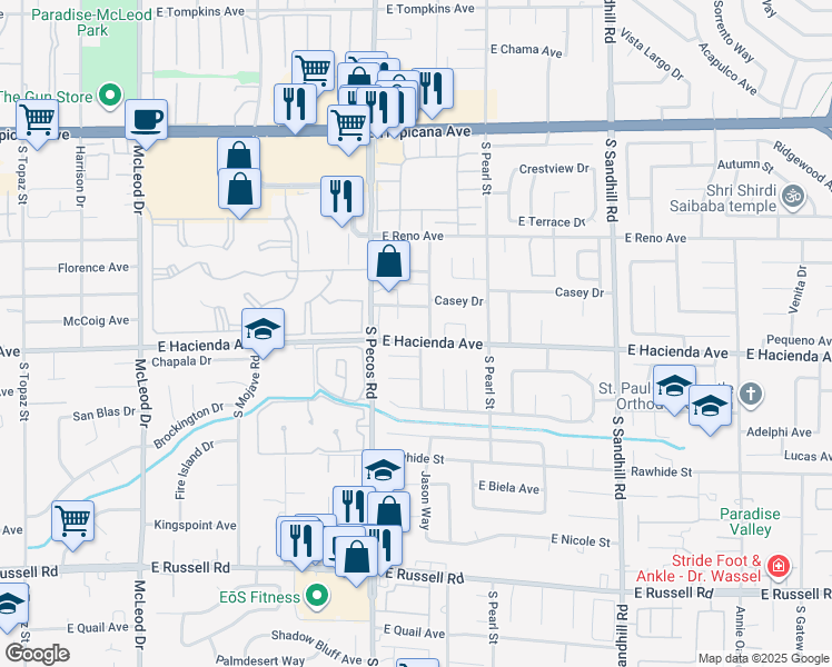 map of restaurants, bars, coffee shops, grocery stores, and more near 3480 East Hacienda Avenue in Las Vegas
