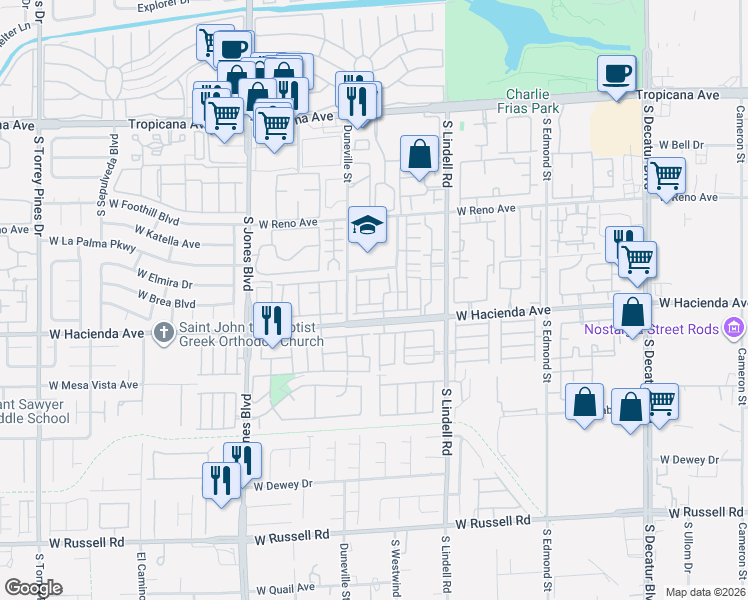map of restaurants, bars, coffee shops, grocery stores, and more near 5707 West Hacienda Avenue in Las Vegas