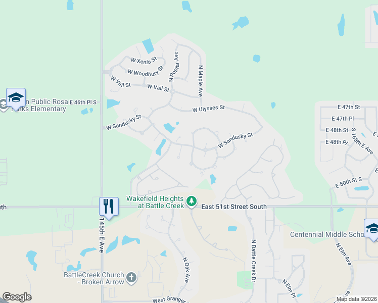 map of restaurants, bars, coffee shops, grocery stores, and more near 4120 North Narcissus Avenue in Broken Arrow
