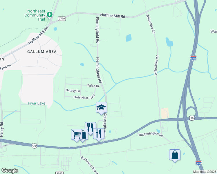 map of restaurants, bars, coffee shops, grocery stores, and more near 147 Flemingfield Road in McLeansville