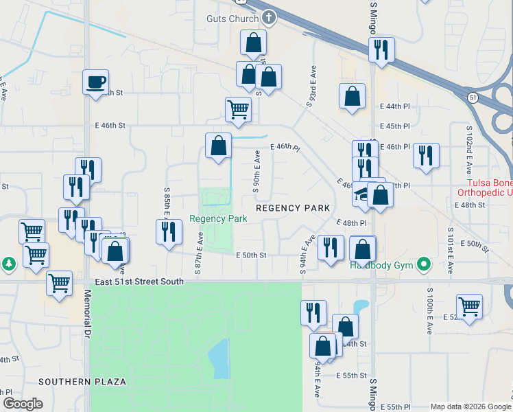 map of restaurants, bars, coffee shops, grocery stores, and more near 9001 East 49th Street in Tulsa