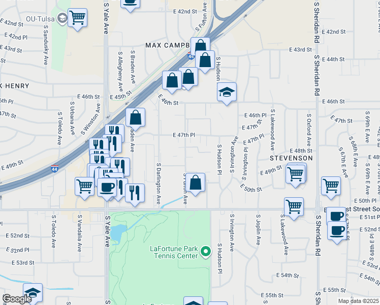 map of restaurants, bars, coffee shops, grocery stores, and more near 4811 South Fulton Avenue in Tulsa