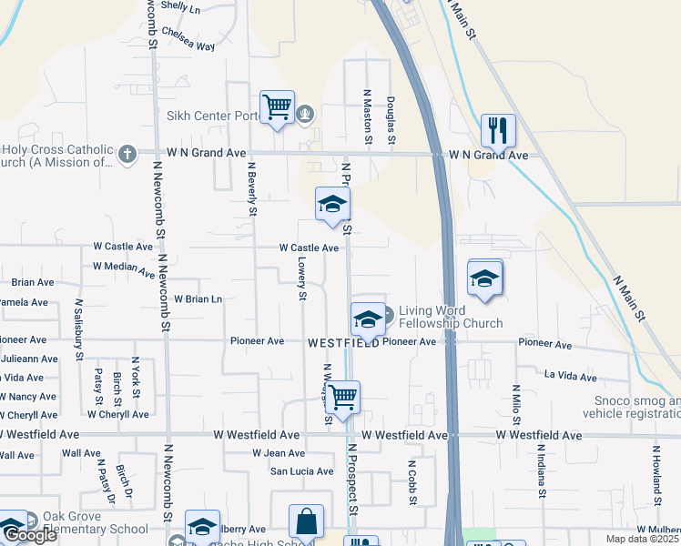 map of restaurants, bars, coffee shops, grocery stores, and more near 1547 North Prospect Street in Porterville