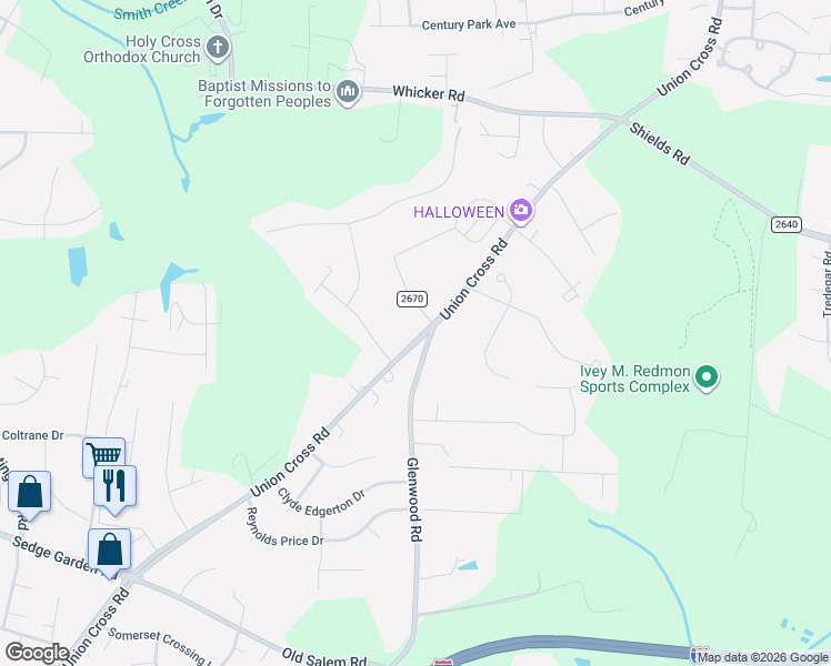 map of restaurants, bars, coffee shops, grocery stores, and more near 1290 Union Cross Road in Kernersville