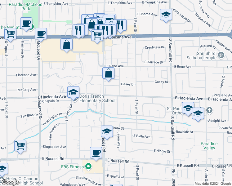 map of restaurants, bars, coffee shops, grocery stores, and more near 3480 East Hacienda Avenue in Las Vegas
