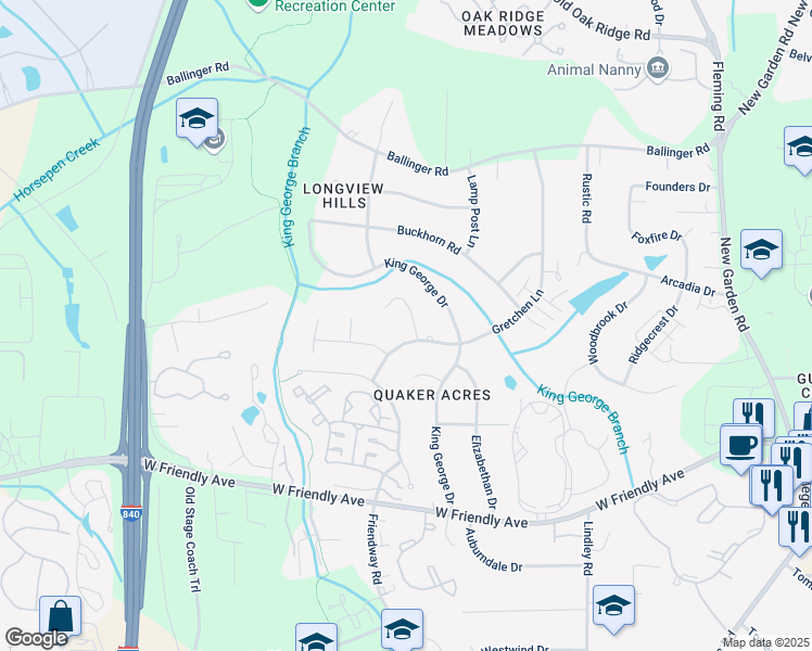 map of restaurants, bars, coffee shops, grocery stores, and more near 1211 King George Drive in Greensboro