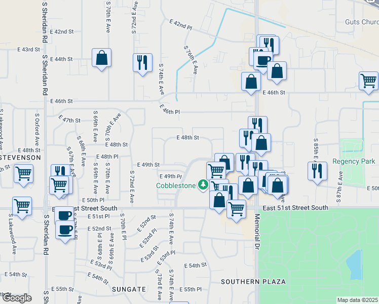 map of restaurants, bars, coffee shops, grocery stores, and more near 7446 East 48th Street in Tulsa